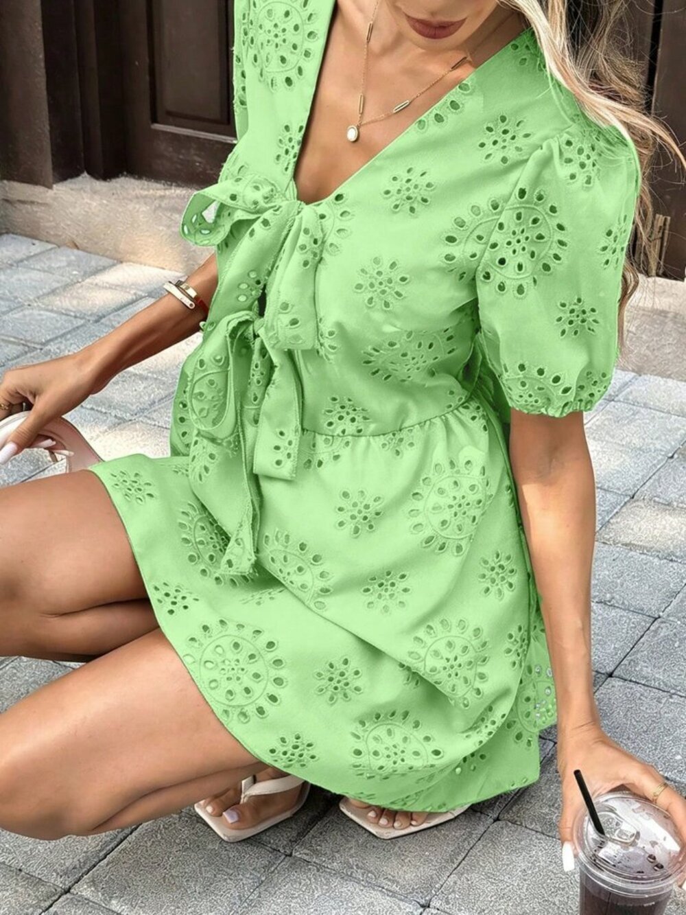 Green Boho Women's V-Neck Short Sleeve Bow Tie Waist Cinching Mini Dress